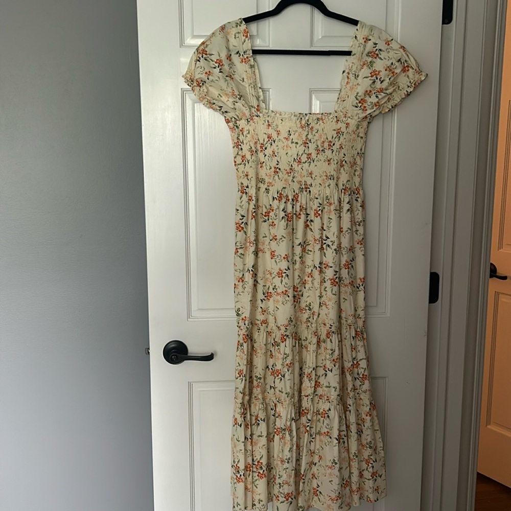 Yellow floral Few Moda, square necked smocked dress size medium